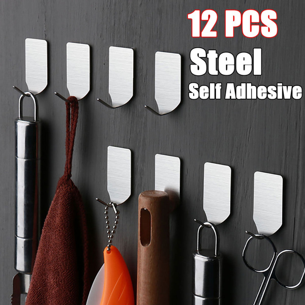 12pcs Adhesive Towel Hooks Heavy Duty Stainless Steel Hangers for Home Kitchen