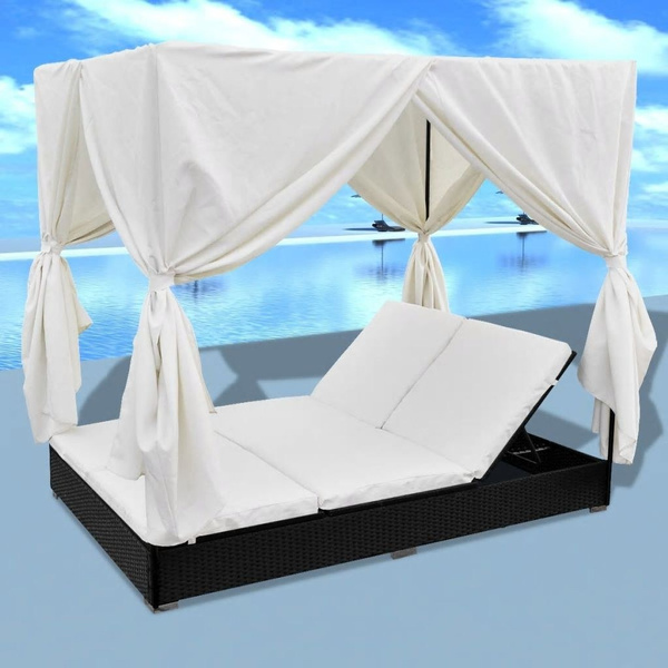 Outdoor Lounge Bed with Curtains Poly Rattan Double Sun Bed Garden Pool