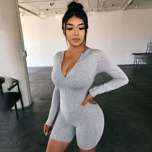 Black Gray Bodycon Playsuit Women Wear On Both Sides Sexy Jumpsuit Spring  Autumn Zip Up Party Club Romper Jumpsuits Shorts