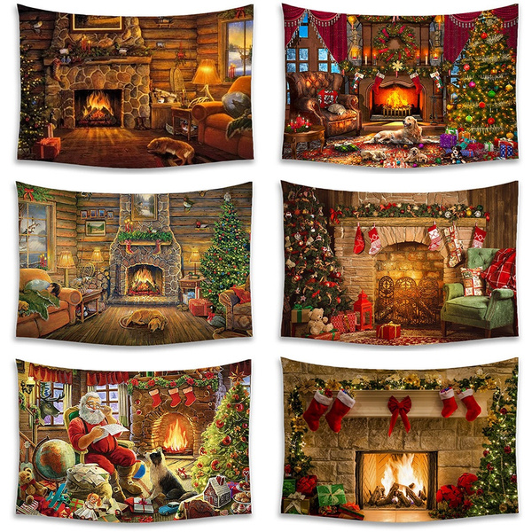 150x100cm Christmas Fireplace Tapestry Bedroom Winter Fireplace Printed Wall Hanging Tapestry Decoration Home Decor Poster Wish