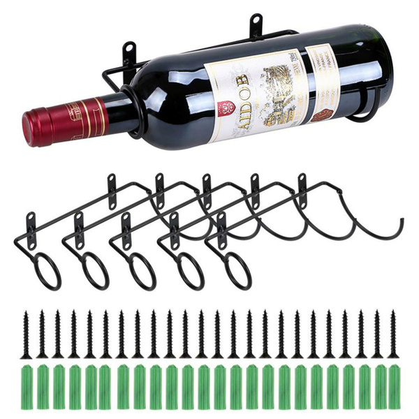Set of 6 Wrought Iron Wall Wine Holder Rack Black Screw Bottle Display