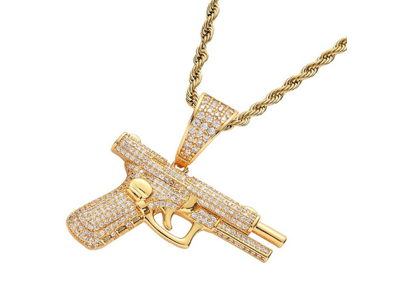 Men Fashion 18K Golden Plated Hip Hop Rock Necklace Stainless Steel Pistol  Pendant Necklace Mens Women Jewellery Gift Wholesale