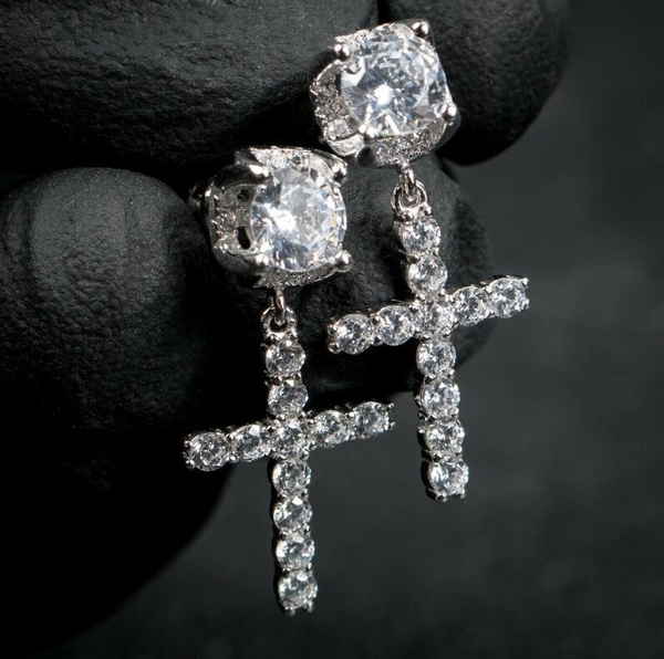 925 Sterling Silver Iced Round Cz Sterling Silver Stud Cross