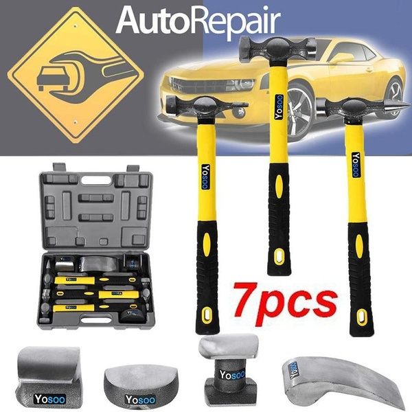 Auto Body Repair Kit 7pcs Car Auto Body Panel Repair Tool Kit Handles Beating Hammers Heel Dolly Repair Kit for Dents