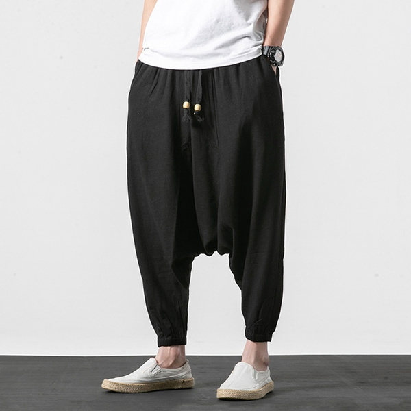 Mens Linen Drawstring Tapered Baggy Pants Elastic Waist Joggers Loose  Trousers