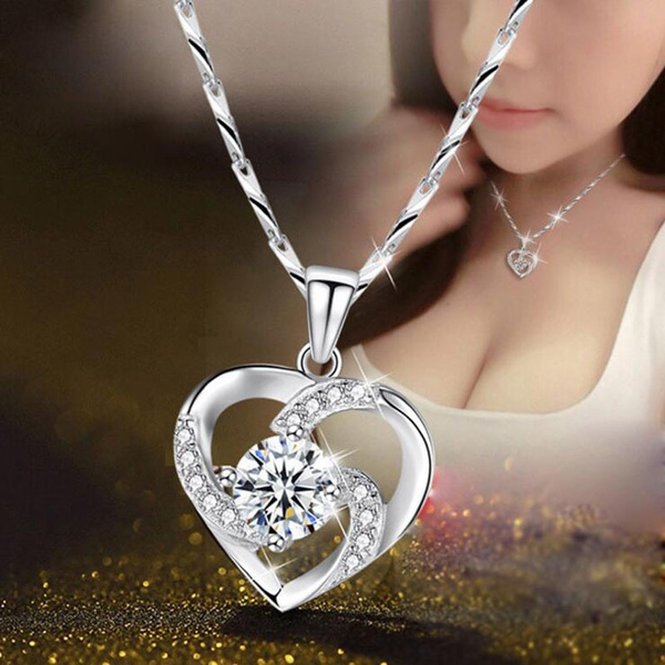 NEW Womens Heart Love Green Crystal Rhinestone Silver Chain Pendant Necklace ~！