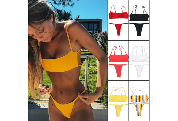 Summer Sexy Swimsuit Tube Top Nylon Flat Chest Split Two-piece Padded Bikini  Set Solid Color Padded Bikini Set