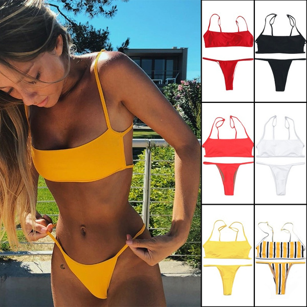 FairyStar 2pcs Women Split Bikini Sets Small Chest Push Up Split Seaside  Swimsuit Lace Up Two Pieces Swimwear,L,Yellow