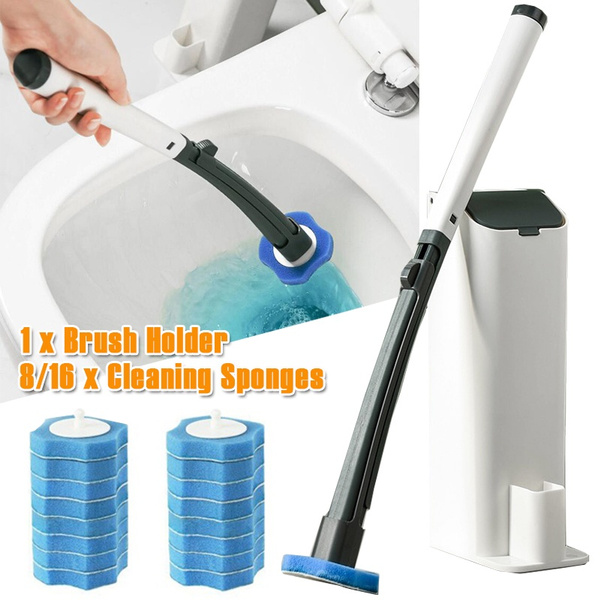 Disposable Toilet Brush Holder Set Punch-free wall-mounted Toiletwand Clean  Brush with 8/16 Cleaning Sponges For Toilet Bathroom Kitchen Clean