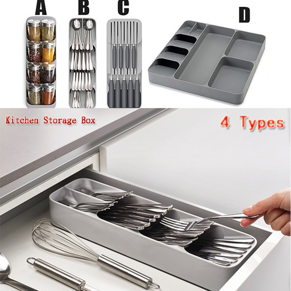 4 Types Plastic Drawer Organizer Tray Spoon Storage Box Kitchen Accessories  Cutlery Knife Spoon Separation Divider Kitchen Tools