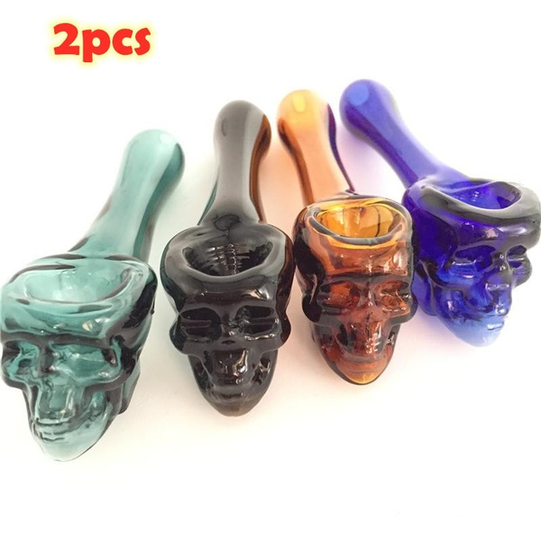 2pcs Pack 4Inch Skull Face Tobacco Pipe Glass Hand Pipe Smoking Bowl Pipes