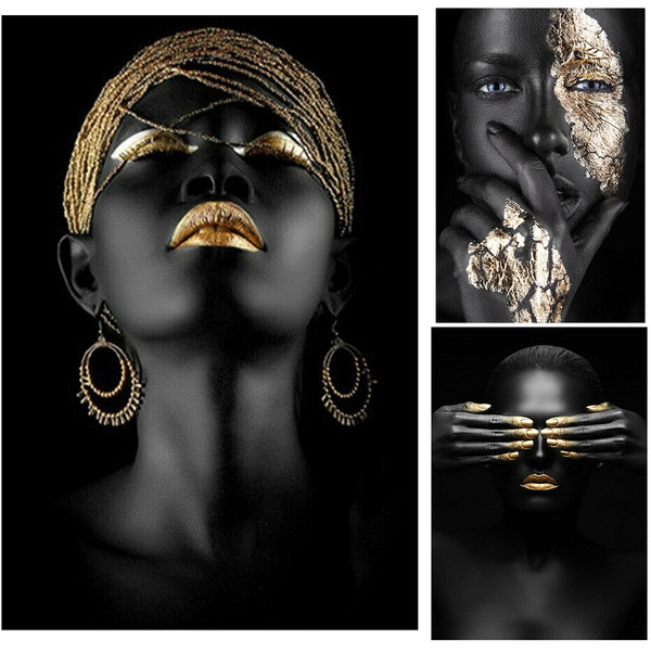 Modern Print Painting African Picture Canvas Wall Art Poster Black Gold Woman