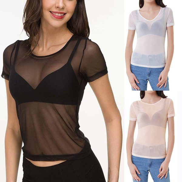 Mesh Shirt Blouse Ladies Tops Tee Plus 