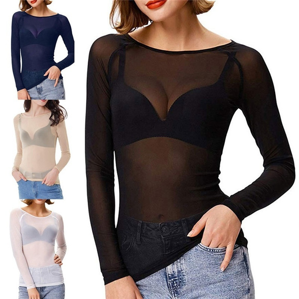 Hot Sale Women Under/Out Wear See-Through Transparent Mesh Stand Neck Long  Sleeve Sheer Blouse Seamless Arm Shaper Top Mesh Shirt Blouse Ladies Tops