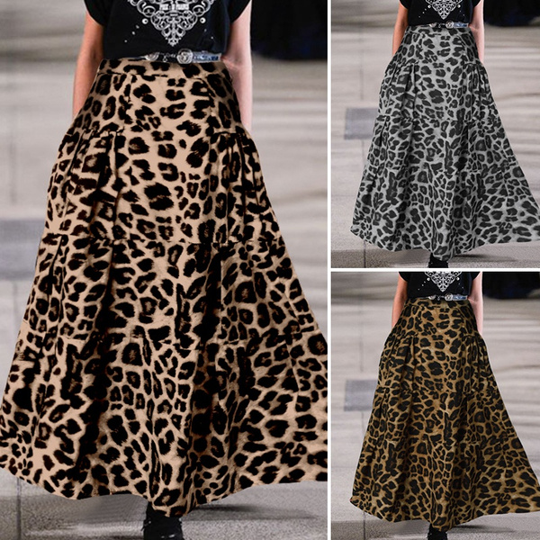 Women Casual High Waist Leopard Print Maxi Skirts Bohemian Big Swing Pleated Long Skirt S 5XL