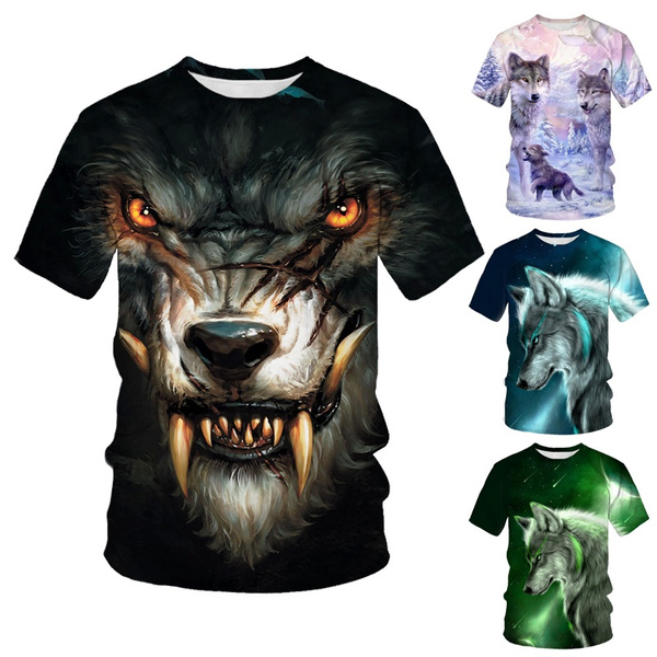 T-shirt Unisexe Imprimé 3D Lion & Loup - Col Rond, Manches Courtes - Tissu Stretch - Neuf Avec étiquettes