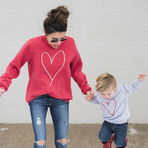 Love Heart Long Sleeve Sweatshirt Tops Pullover Sweater for Mother Daughter Son 