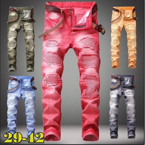 5 Color Men's Jeans Ripped Jeans Slim Fit Denim Pleated Jeans Male ...