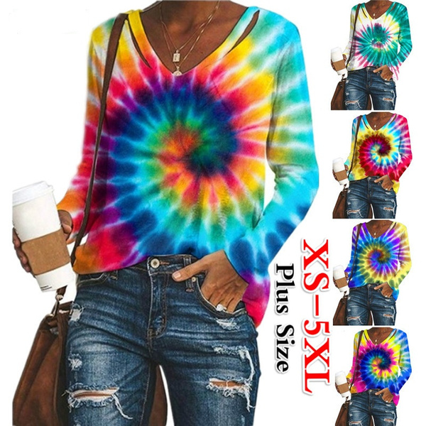 Womens Casual V Neck Tie Dye Long Sleeve Loose Top T Shirt Plus Size Xs 5xl Wish