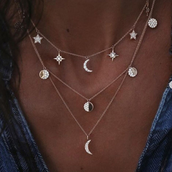 Star Moon Crystal Multilayer Pendant Necklace for Women 2018 Boho Flower Choker Necklaces Vintage Fashion Collar Jewelry | Wish