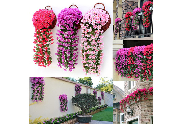 Artificial Fake Violet Orchid Flower Hanging Wall Rattan Basket Outdoor Dec New 