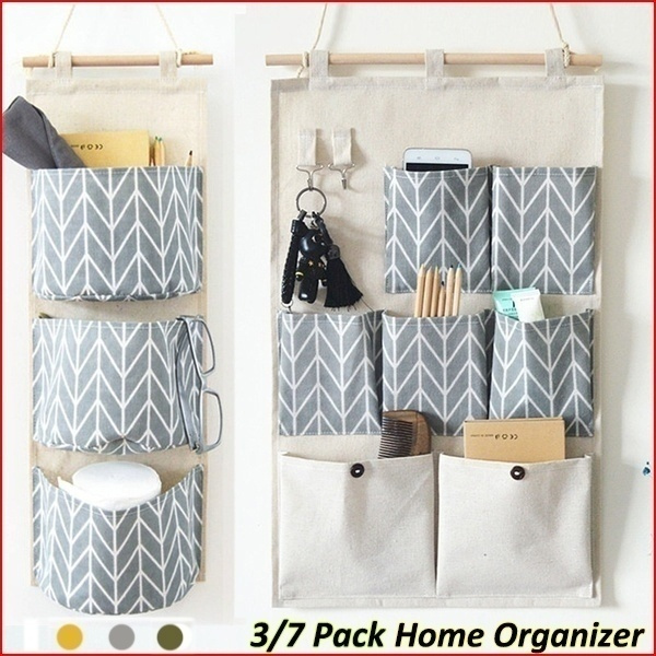 3/7 Pockets Cotton Linen Wall Hanging Storage Bags Door Pouch Bedroom