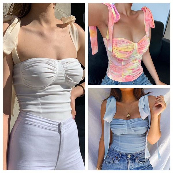 New Summer Autumn Tube Crop Top Women's Bow Tie Strap Tank Tops