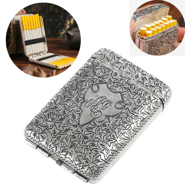 New Retro Threeopenl Cigarette Case Metal Handcarved 14 Sticks
