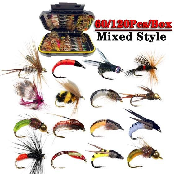 30/60/120Pcs/Set Mix Styles Wet Dry Fly Fishing Flies Lure Set Fly Tying  Material Wet Hand Tied Nymph Flies for Trout Pike