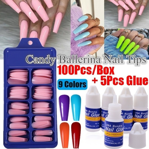 100Pcs/Box Candy Color Acrylic Diy Uv Gel Manicure Coffin Acrylic Diy Fake  Nails Full Cover False Nail Tips False Nails With/Without 5 Bottles Nail  Glue(3G/Bottle) | Wish