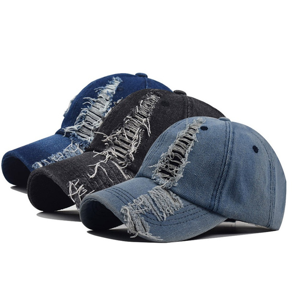 Unisex Snapback Cap Washed Denim Hole 