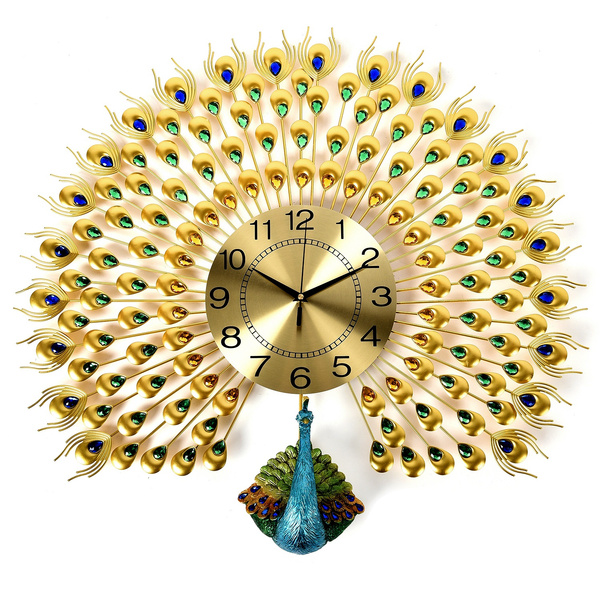 Vintage Peacock Wall Clock Analog Iron Resin Room Decorative AA Battery