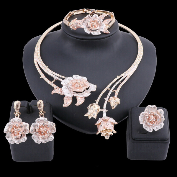 Women Wedding Gold Plated Crystal Rose Flower Necklace Earring
