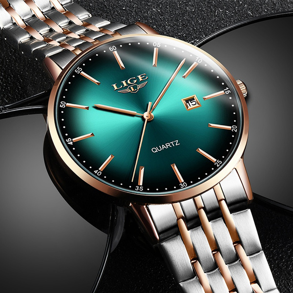 LIGE Mens Watches Top Brand Luxury Green Quartz Watch Men Business