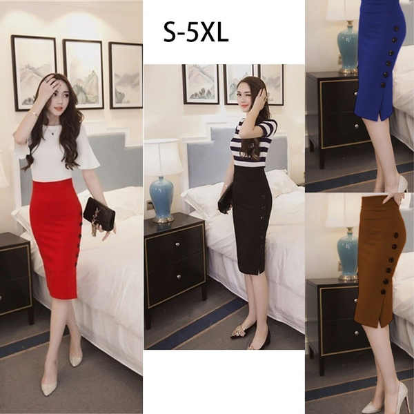 4 Colors Plus Size New Fashion Women Skirt Midi Skirt Slim OL Open Slit Button Slim Pencil Skirt Elegant Ladies Skirts