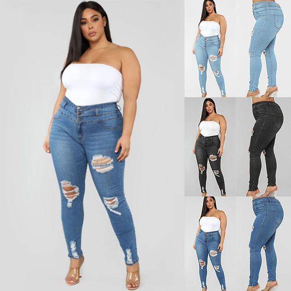 High waist ripped large size fat jeans women small feet jeans