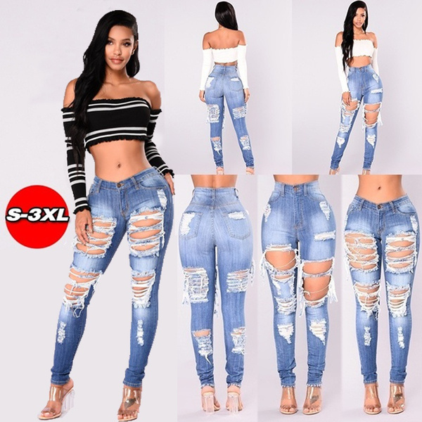 Womens Fashion High Distressed Jeans Hollow Ripped Jeans Stretch Skinny Jeans Wish