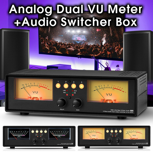 MIC+LINE Dual VU Meter Audio Splitter Box 4-Way Switcher Sound Level Indicator