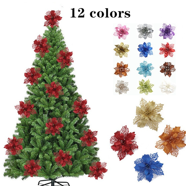 5pcs/10pcs Artificial Flower Christmas Glitter Fake Flower Christmas Tree Decoration Home