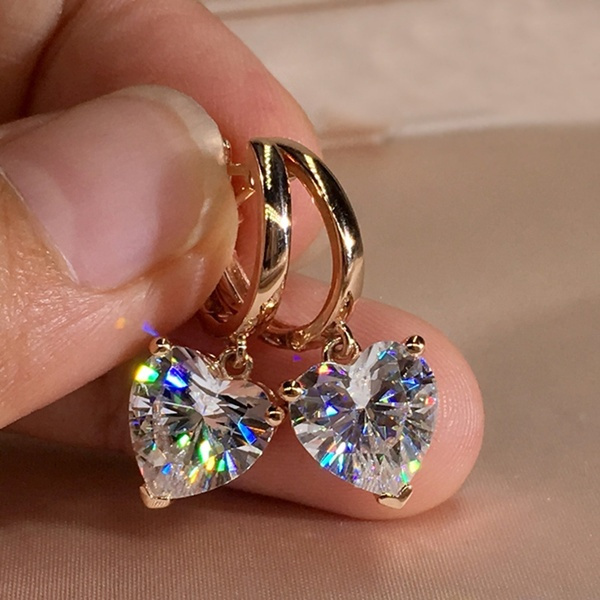 Charming 18k Rose Gold Hoop Earrings Heart Shape Cz Crystal Diamond Dangle Earrings Jewelry Gift For Women Girls Wish