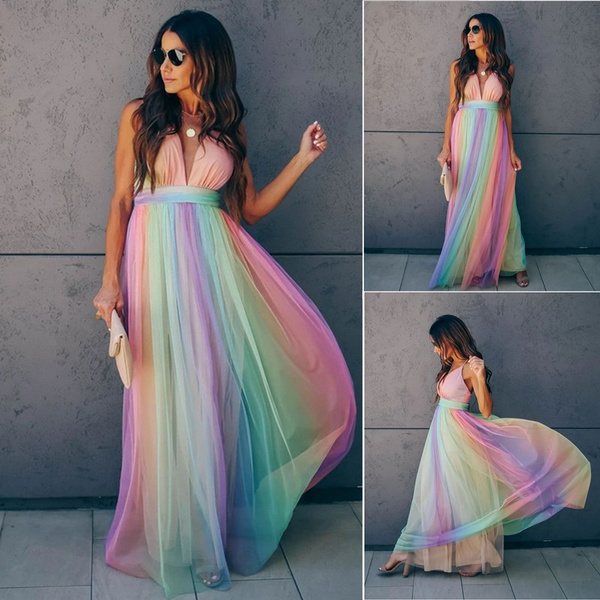 Women Sexy Deep V Rainbow Mesh Sling 