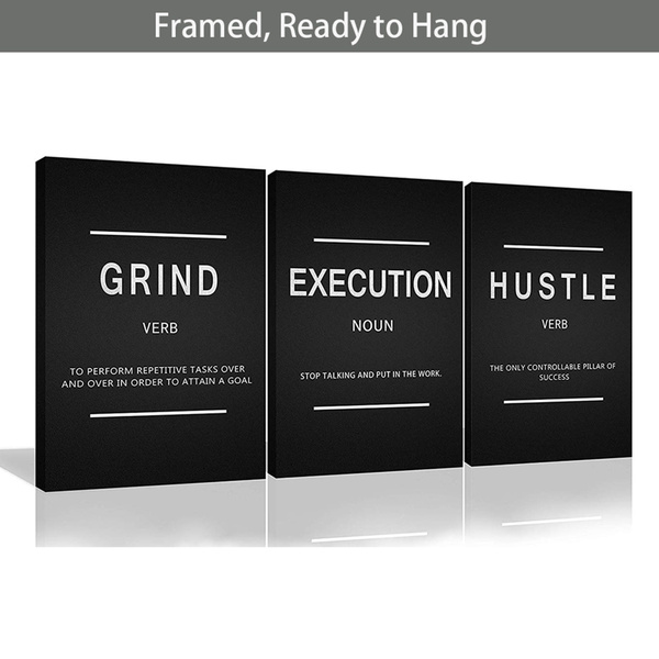 3-Panel Inspirational Quotes Canvas Wall Art For Office Wall Decor, Grind-Hustle-Execute Motivational Canvas Art Prints, Entrepreneur Positive Quotes Poster For Home Office Workplace (24"x36"x3Pcs