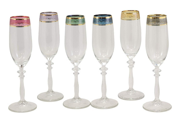 Ebros Gift Italian Set of 6 Beveled Champagne Wine Glasses With Infused Colorful  Stems