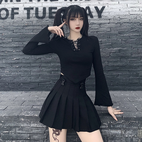 Flare Long Sleeve Crop Tops Gothic 