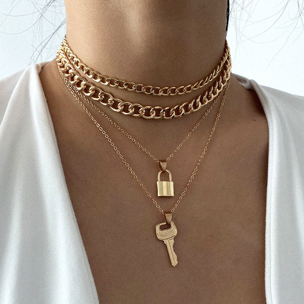 Jewelry Hip Hop Punk Cross Chain Square Lock Necklace Padlock Chains  Multilayer