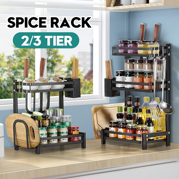 2 3 Tier Spice Rack Kitchen Countertop Storage Organizer Stainless Steel Corner Shelf Holder with Hooks for Seasoning Spice Jars Bottle Knife Utensils