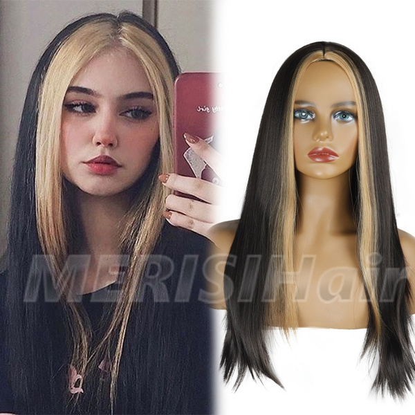 Fashion Long Straight Hair Black with Blonde Highlights Wigs for Women |  Wish