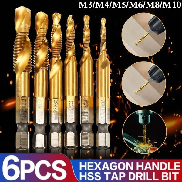 6pcs 6.35mm Metric Thread M4 M5M6 Titanium Coated HSS Drill Tap Bits Hex Shank 6pcs 6.35mm Metric Thread M4 M5M6 Titanium Coated HSS Drill Tap Bits Hex Shank
