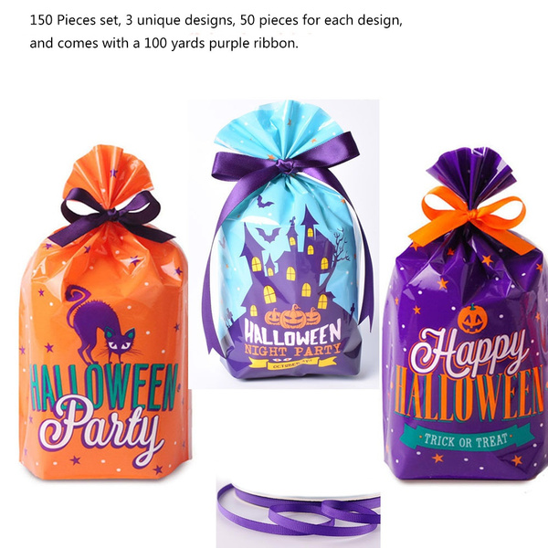 150 Pieces Halloween Candy Bags Trick or Treat Bags Plastic Bags with Ribbon Goody Bags for Halloween Party Favor