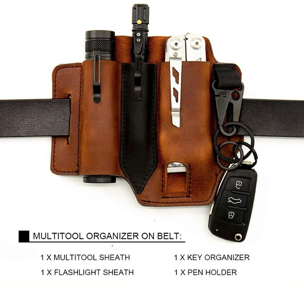 Leather EDC Pouch - Belt clip Multitool, Flashlight & Pen Sheath